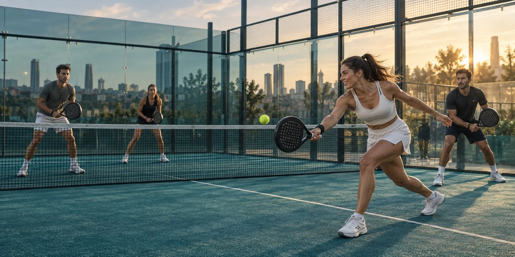 Four padel players contesting a doubles rally on a glass-walled court at sunset