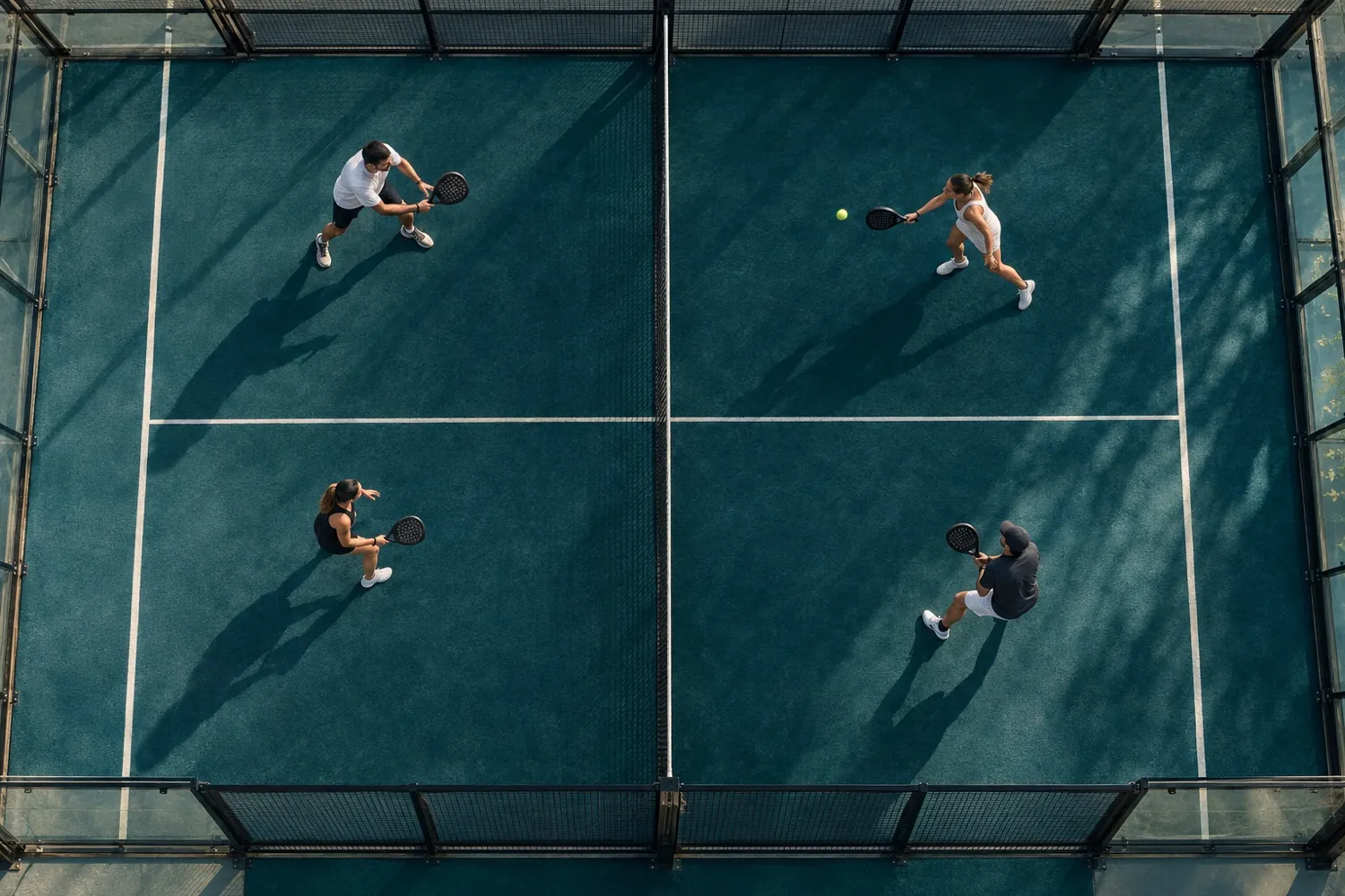 Four players seen from above during a padel doubles rally