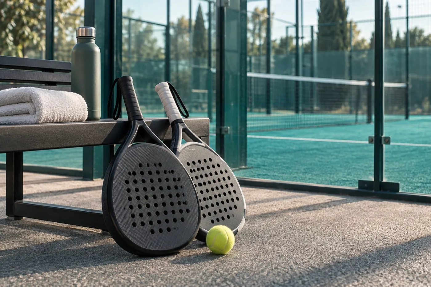 Padel rackets and a ball ready beside the court